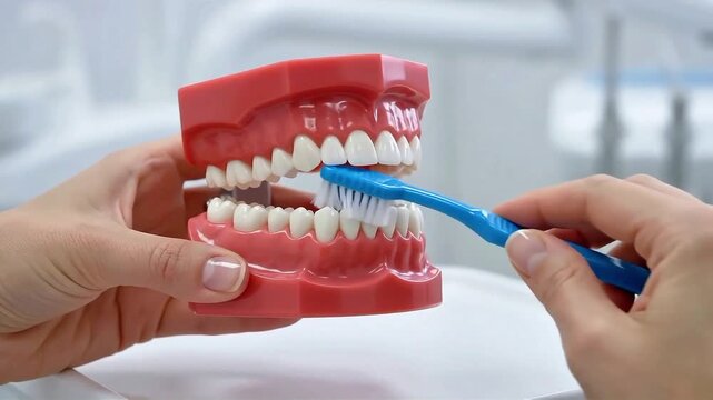 Demonstrating proper teeth brushing technique using a dental jaw model and toothbrush in a clinic