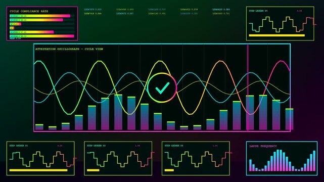 Digital compliance mapping dashboard interface showing glowing neon wave line graphs and segmented bars moving across a dark screen panel display for industrial data monitoring analytics