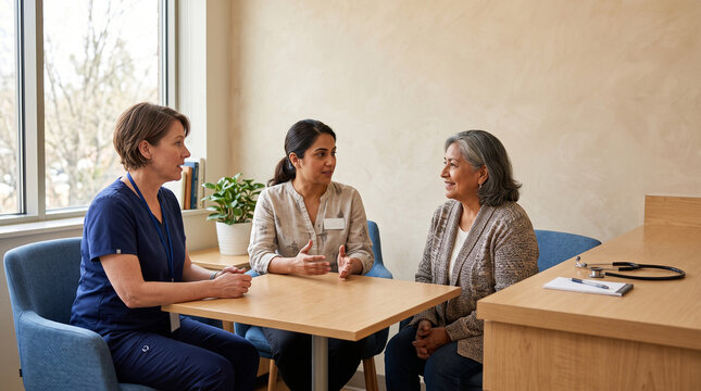 Clinician and interpreter guide a patient through routine care