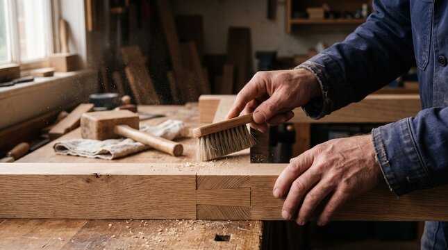 Hands clear sawdust from a precision hardwood furniture joint
