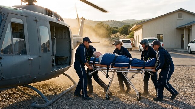 Flight and ground crews transfer patient at a rural clinic