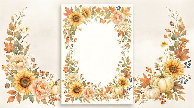 Beautiful watercolor floral arrangements featuring sunflowers leaves and berries ideal for wedding invitations and various graphic designs