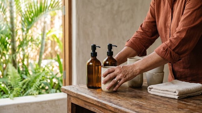 Housekeeper arranges reusable supplies in lodge wash area