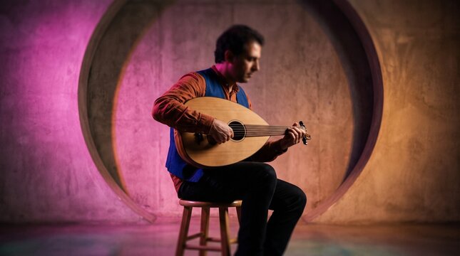 An oud player shapes a melody in a glowing rehearsal alcove