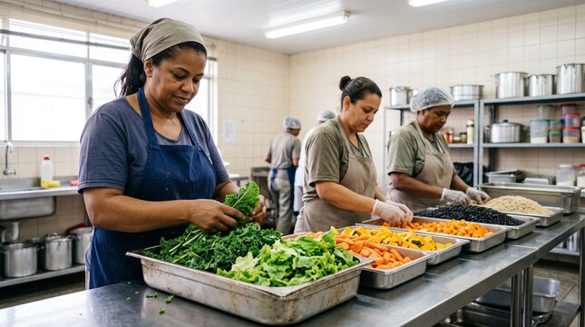 Cooks prepare fresh ingredients for Brazilian school meals