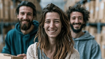 Obraz premium Three smiling individuals with dreadlocks and beards stand together in a warehouse setting, holding a package
