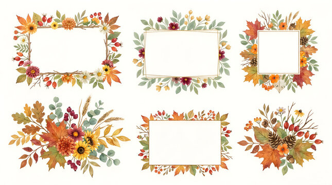 Beautiful watercolor autumn floral frames with colorful leaves and flowers perfect for fall themed design projects