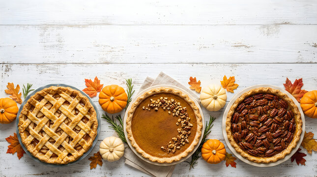 Three delicious freshly baked pumpkin pies with autumn leaves and seasonal decorations in a rustic style