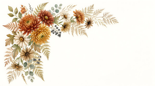 Watercolor floral corner arrangement with autumn blooms and lush green foliage on a white background