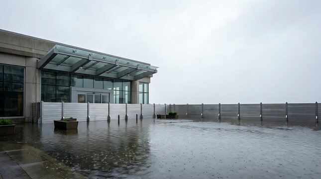 Flood barriers protecting a modern building entrance during heavy rain and storm conditions.