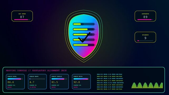 Digital compliance mapping interface showing dynamic data visualization with glowing shields and bar progress charts in a series of shifting windows for professional system monitoring