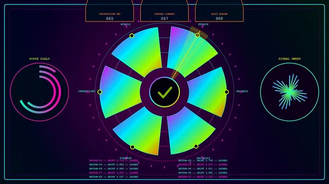Digital compliance mapping interface displays glowing circular indicators with colorful radial charts and pulsing signal sweep patterns on a dark screen during a software test