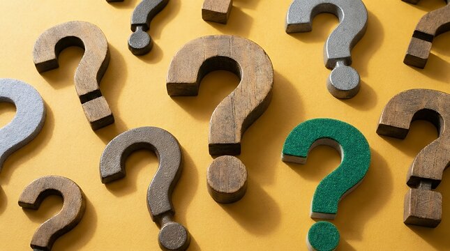 Vibrant mustard backdrop featuring a collection of dimensional interrogation marks in diverse forms and silhouettes  question mark query uncertainty background copy space yellow backdrop 3d