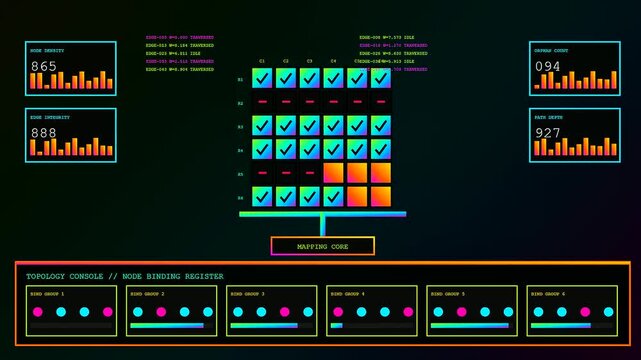 A digital compliance mapping interface displays fluctuating metrics and grid configurations with vibrant neon squares illuminating a dark virtual environment for complex data monitoring and analysis