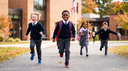 Fototapeta premium Commercial back-to-school stock photo of happy, energetic young elementary students in school uniforms running excitedly outside a modern school building.