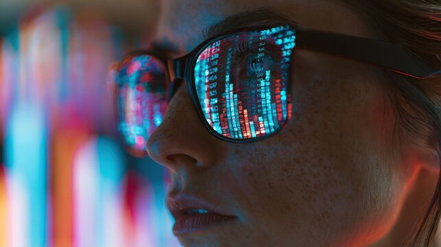 Woman wearing reflective sunglasses gazing at a digital screen with data streaming across the lenses in a dark environment