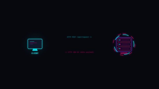 Animated client server data flow between computer and database on black background