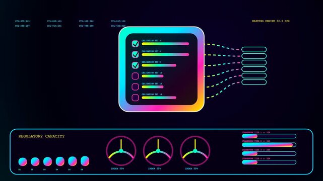 Digital compliance mapping interface displays dynamic data visualizations on dark screens with glowing blue and purple charts plus lines connecting moving checklist items in motion