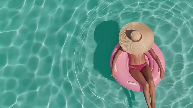 Summer hot vibe lifestyle. A topdown view of a person floating on a pink inflatable ring in a turquoise swimming pool. The person wears a widebrimmed straw hat and a pink bikini.