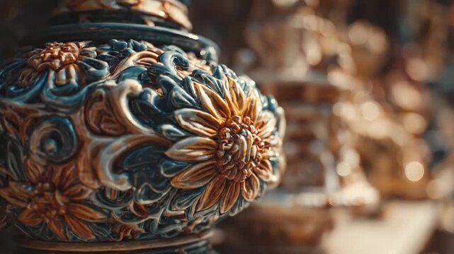 Close-up of ornate blue and gold ceramic jar.