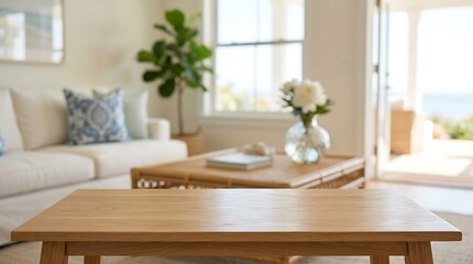 Fototapeta premium Empty Wooden Table Surface with Blurred Modern Living Room Interior Background for Product Placement and Advertising