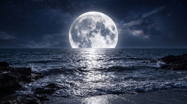 Serene moonlight reflecting over calm ocean waves at night
