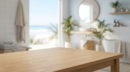 Fototapeta premium Empty wooden table mockup with blurred coastal bathroom interior background for luxury product display presentation.