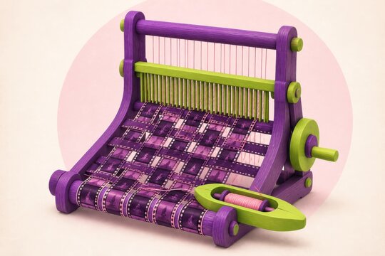 Purple weaving frame with lime green loom and film strip