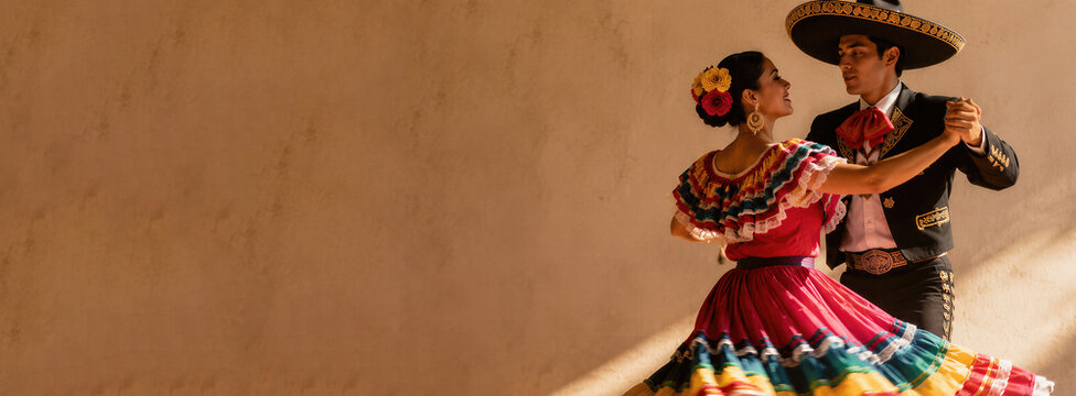 Woman and man dancing traditional Mexican folk dance in colorful costume. Hispanic culture and heritage celebration concept. Banner with copy space