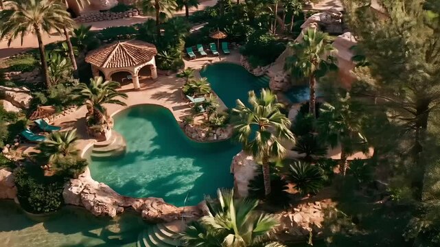 Summer hot vibe lifestyle. An aerial view of a luxurious resort features a large, turquoise swimming pool surrounded by lush greenery and towering palm trees.