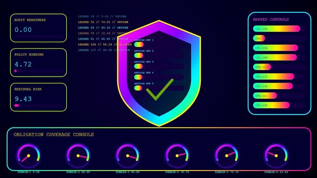 Digital compliance mapping interfaces display dynamic metrics and glowing progress bars within a dark environment featuring shifting geometric shapes and neon color gradients for data analysis