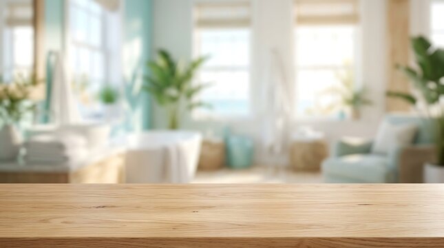 Empty Wooden Table Top Foreground Blurred Coastal Bathroom Background for Product Mockup Presentation Banner Display