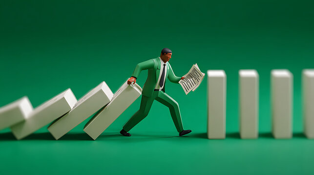 Businessman pushing document files causing a domino effect