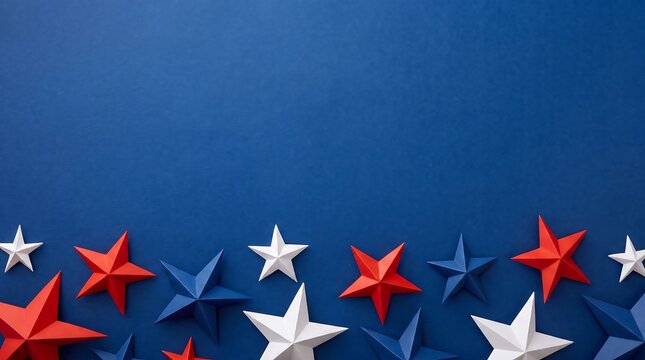 Patriotic red white and blue paper stars on blue background