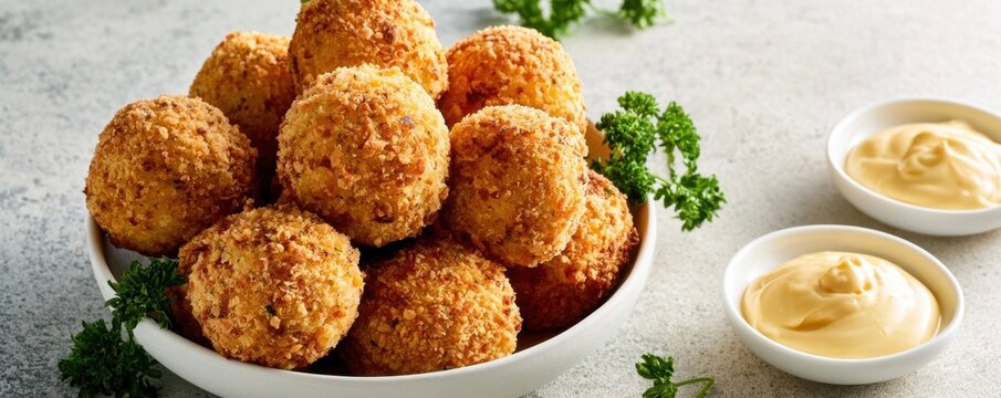 A white bowl filled with crispy golden-brown potato croquettes served with two dipping sauces and garnished with fresh parsley leaves on a light surface
