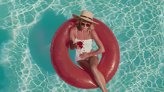 Summer hot vibe lifestyle. A vibrant, topdown view of a woman floating on a red inflatable ring in a swimming pool. She wears a white swimsuit, a widebrimmed hat, and sunglasses.