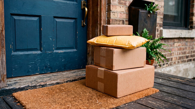 A stack of cardboard boxes and a yellow package on a front porch with a blue door