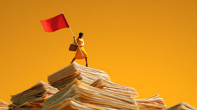 Businesswoman planting a flag on top of a mountain made of paperwork