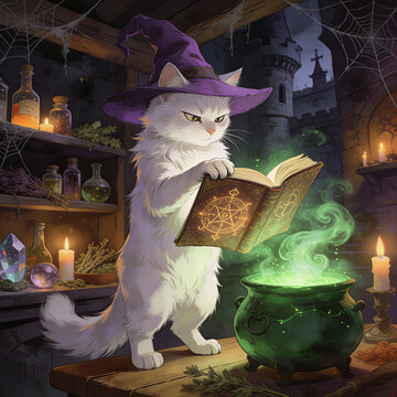 Cunning white cat wearing witch hat reading spellbook over bubbling cauldron in mystical potion room