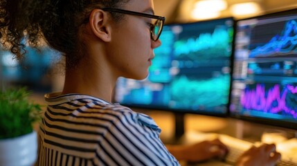 Naklejka premium Analyst reviewing financial charts on multiple monitors in a office