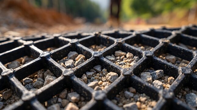 Black plastic geogrid mesh filled with gravel for soil stabilization