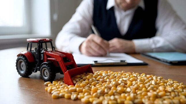 Toy tractor pushing corn kernels on office desk with businessman writing, agribusiness concept.