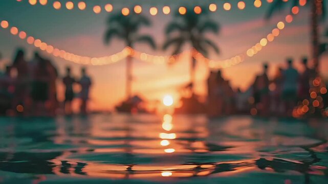 Summer hot vibe lifestyle. A vibrant, sunsetthemed photograph captures a serene beach scene. The main subject is a tranquil body of water reflecting the warm, golden hues of the setting sun.