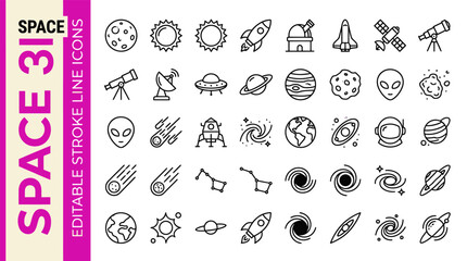 Obraz premium Collection of 36 space and astronomy line icons featuring planets and rockets.