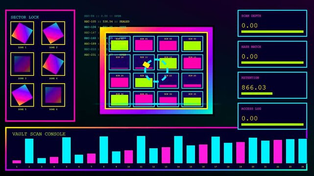 Displaying compliance mapping data on a glowing digital interface showing analytical software panels with shifting grid squares and colorful bar charts in a dark virtual environment