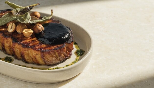 Roasted Celeriac Steak with Black Garlic and Hazelnuts