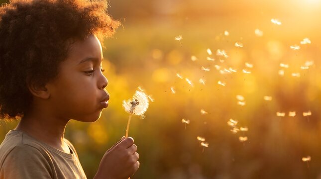 African American child blowing dandelion in golden sunset light