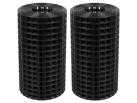 Two Rolls of Black Geogrid Wire Mesh on White Background