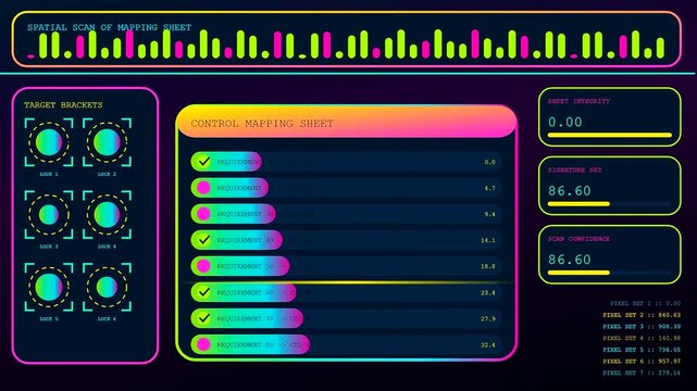 a detailed compliance mapping interface displaying fluctuating numeric data and status bars across a dark screen captured with a smooth motion transition between distinct analytical windows