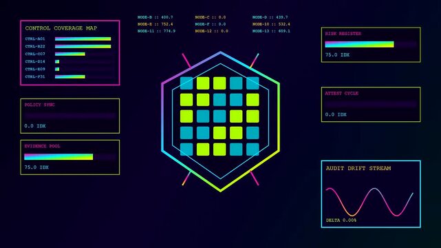 A digital compliance mapping interface demonstrates rapid data transitions and shifting geometric grid patterns across three distinct panel views displayed on a dark virtual monitor screen